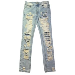 BoohooMAN Ripped Distressed Light Wash Denim Jeans Grunge Y2K Sz 32 Fits‎ 32"